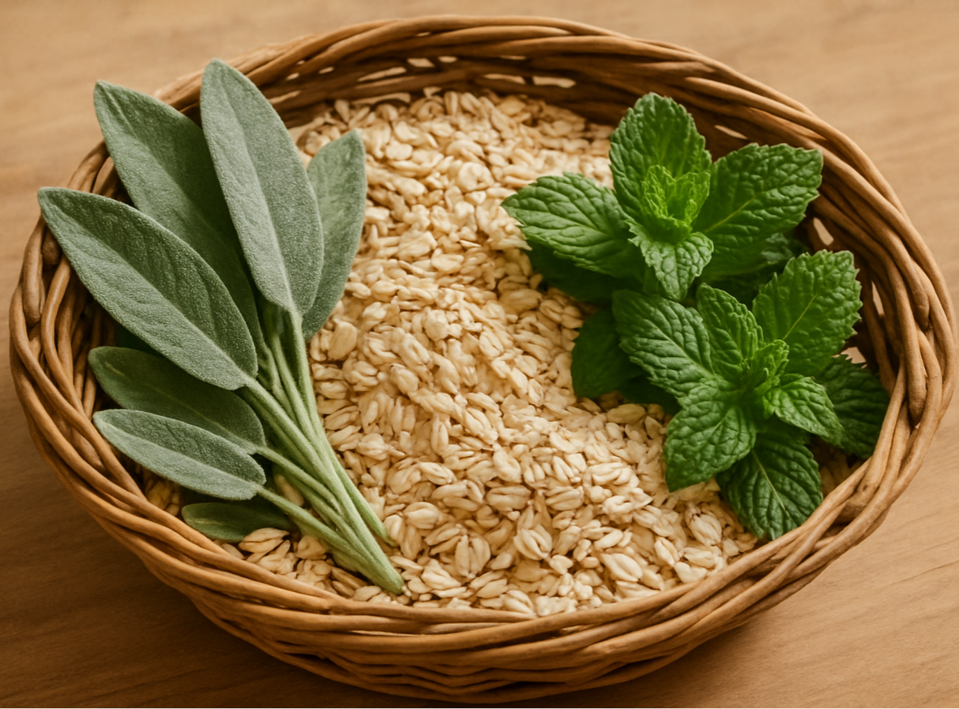 sage,peppermint leaves with oatmeal in basket